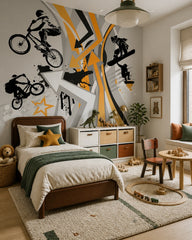 Extreme sports wallpaper in a toddler bedroom with a child-sized bed.