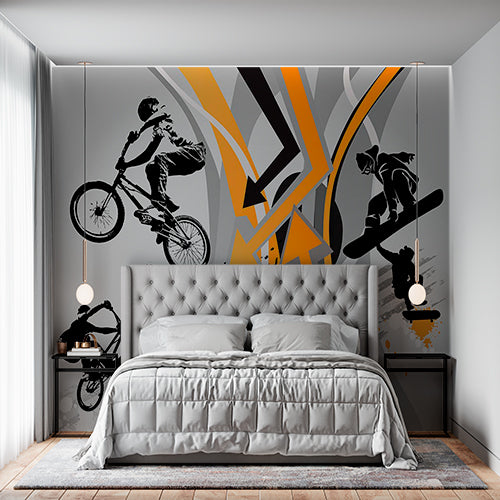 Custom Extreme Sports Action Wall Mural - Dynamic BMX and Snowboarding Design