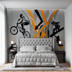 Custom Extreme Sports Action Wall Mural - Dynamic BMX and Snowboarding Design