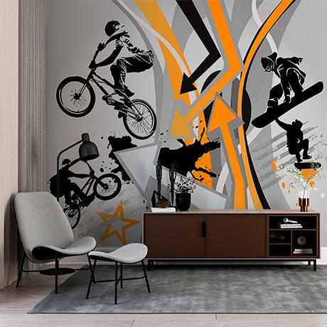 Extreme Sports Action Wall Mural - Dynamic BMX and Snowboarding Design