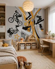 Extreme sports wallpaper in a girl’s bedroom.