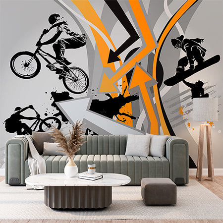 Extreme Sports Action Wall Mural - Dynamic BMX and Snowboarding Design