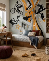 Extreme sports wallpaper in a boy’s bedroom.