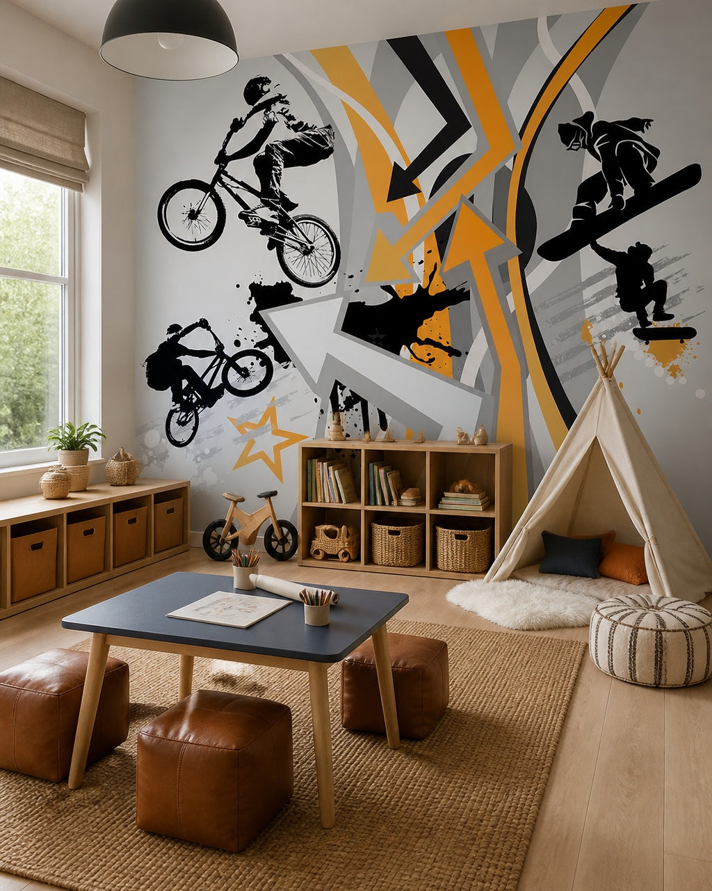 Extreme sports wallpaper in a children’s playroom.