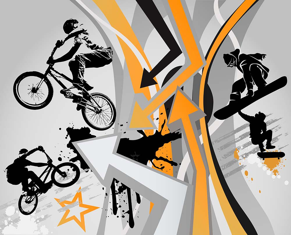 Fotobehang extreme sports – BMX- en snowboard-silhouetten