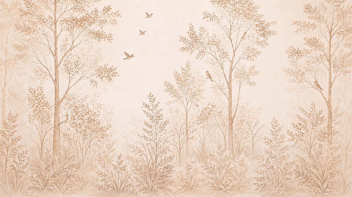 Beige bossilhouet behang – zachte bomen en vogels fotobehang