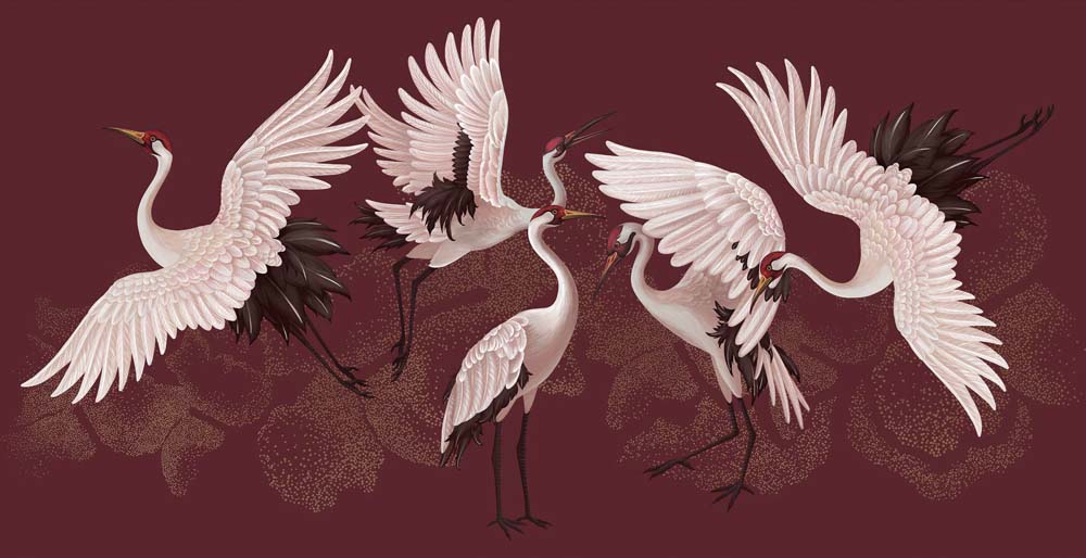 Papier peint grues blanches sur bordeaux – Panoramique oiseaux chinoiserie