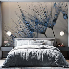 Custom Close-Up Dandelion with Water Droplets Wall Mural Blue Floral Wallpaper