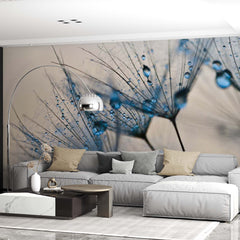 Custom Close-Up Dandelion with Water Droplets Wall Mural Blue Floral Wallpaper