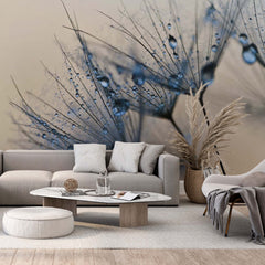 Custom Close-Up Dandelion with Water Droplets Wall Mural Blue Floral Wallpaper