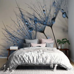 Custom Close-Up Dandelion with Water Droplets Wall Mural Blue Floral Wallpaper