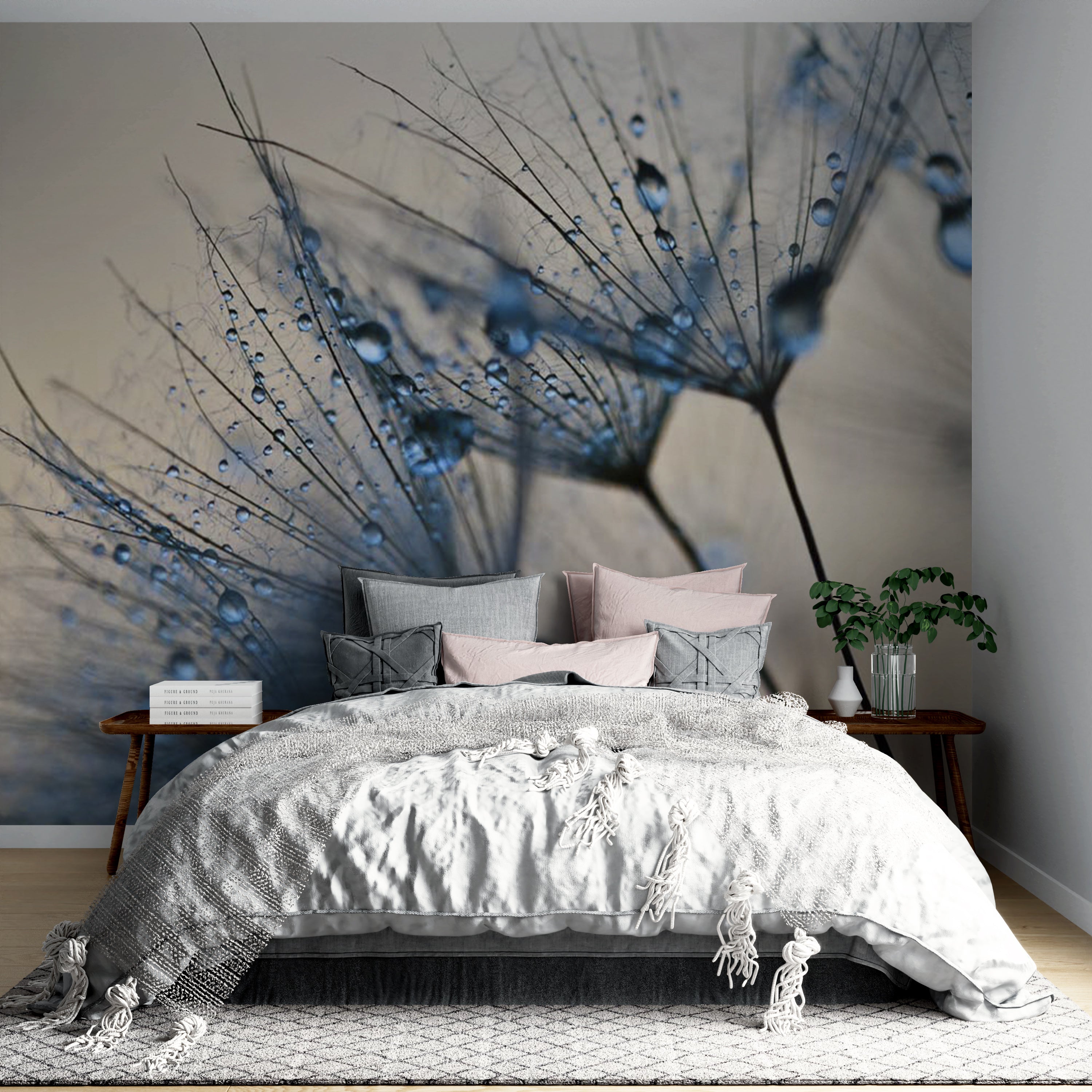 Close-Up Dandelion with Water Droplets Wall Mural Blue Floral Wallpaper