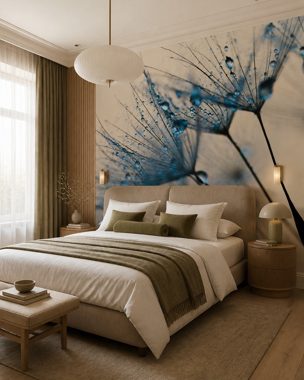 Dandelion water droplets wallpaper in a designer bedroom.