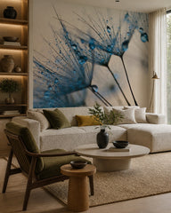 Dandelion water droplets wallpaper in a designer living room.
