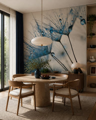 Dandelion water droplets wallpaper in a refined dining area.