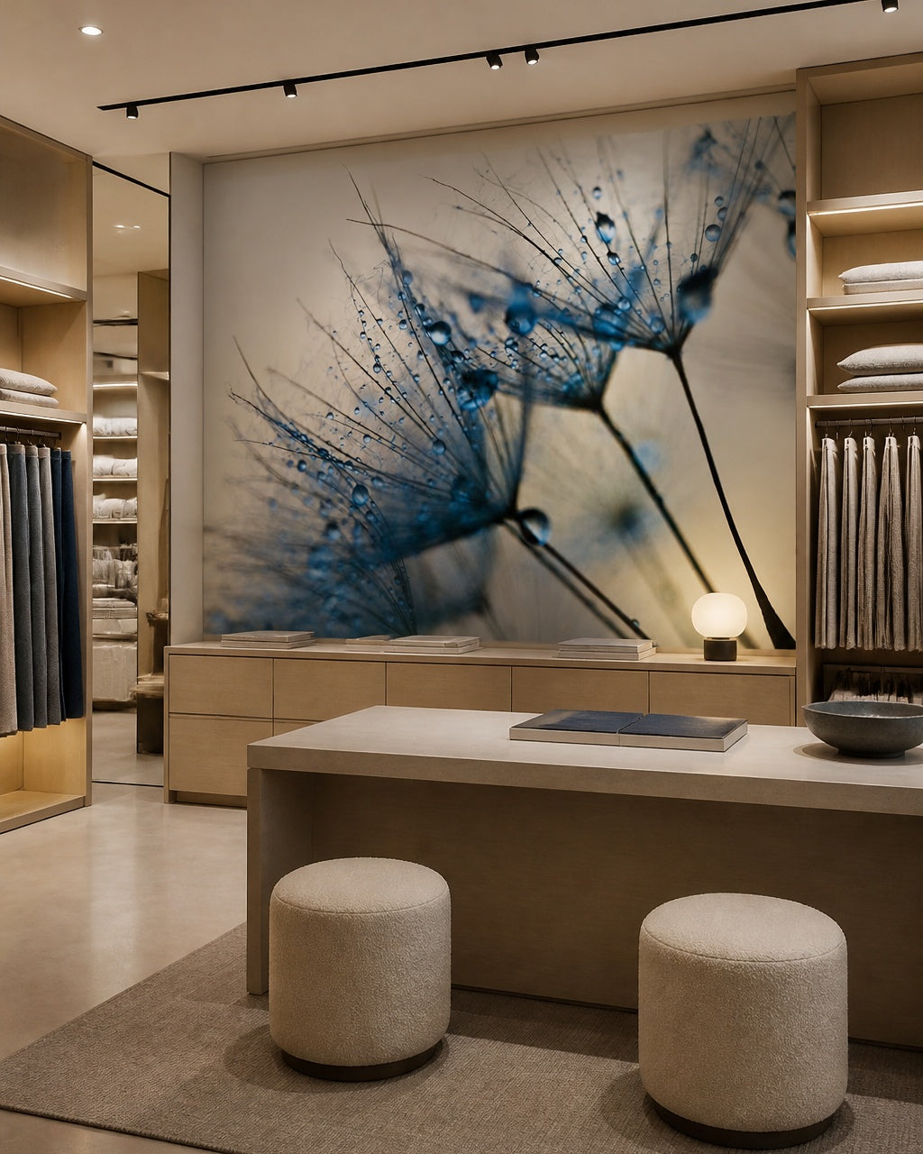 Dandelion water droplets wallpaper in a design showroom.