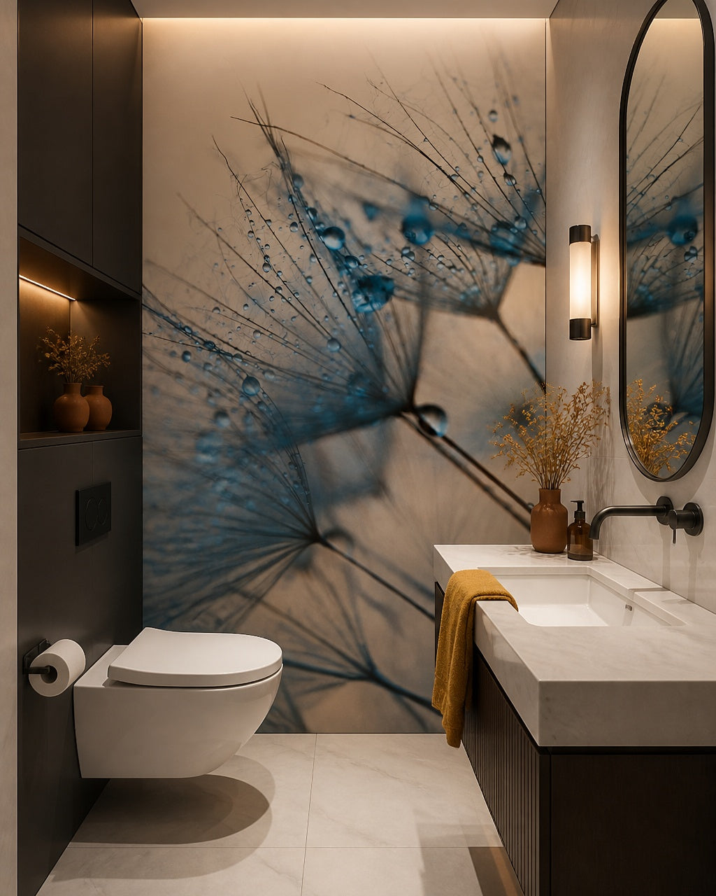 Dandelion water droplets wallpaper in a luxury bathroom.