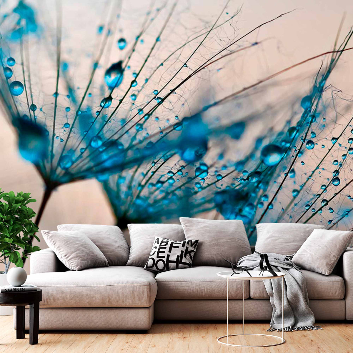 Close-Up Dandelion with Water Droplets Wall Mural Blue Floral Wallpaper