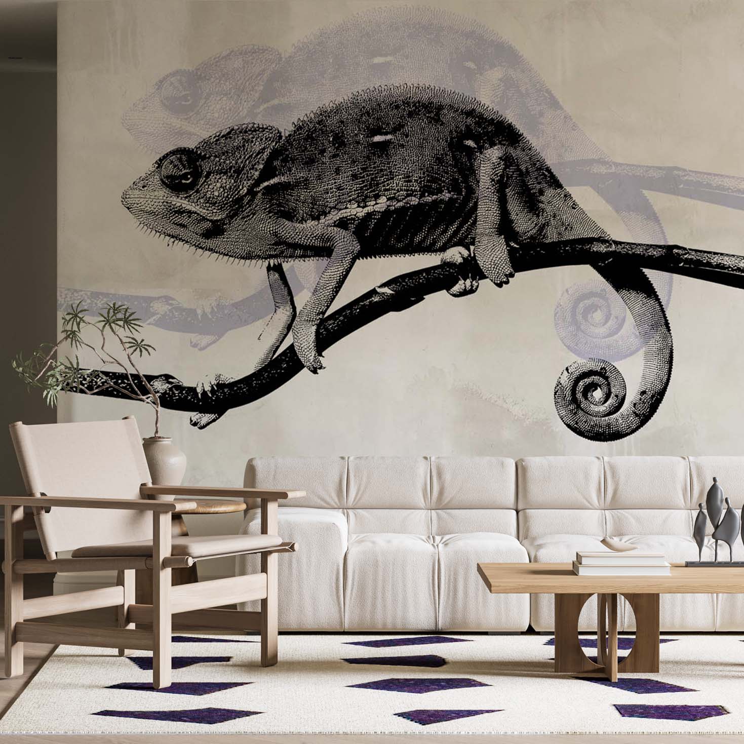 Black and White Chameleon Wall Mural Modern Animals Wallpaper