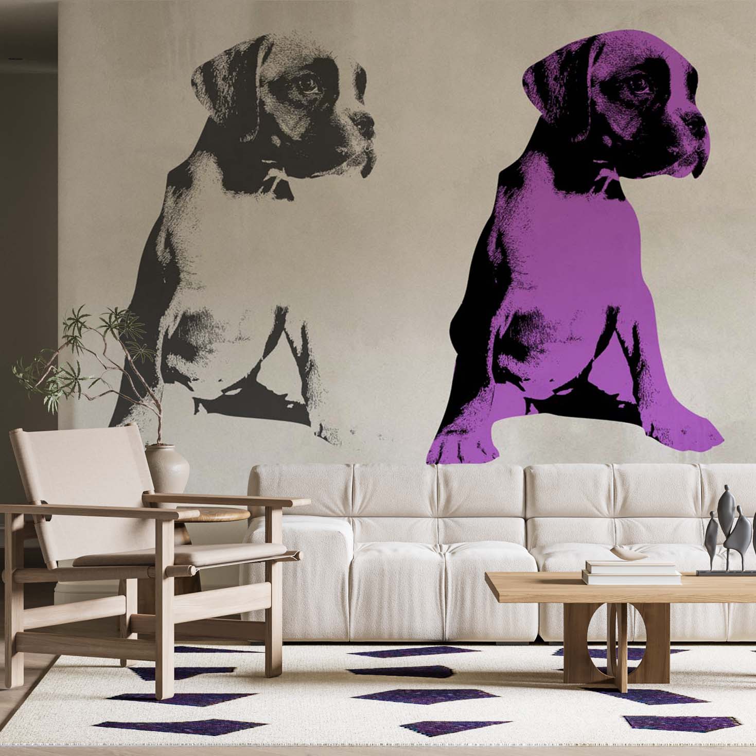 Black and White Violet Boxer Puppy Wall Mural Modern Art Animals Wallpaper