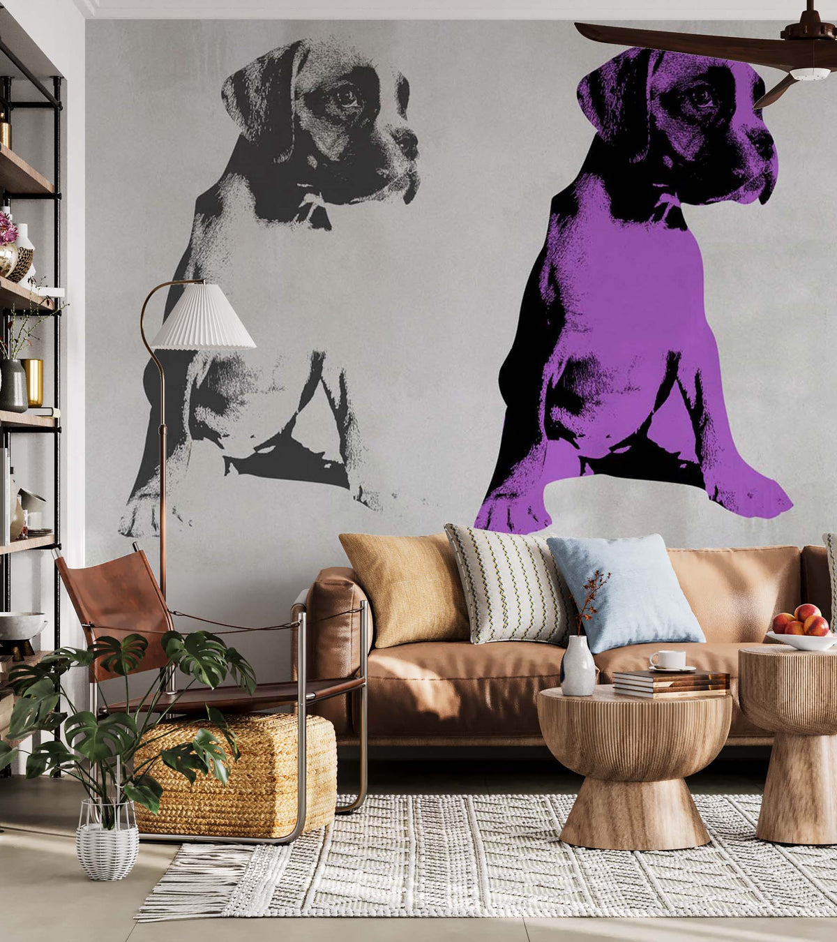 Black and White Violet Boxer Puppy Wall Mural Modern Art Animals Wallpaper