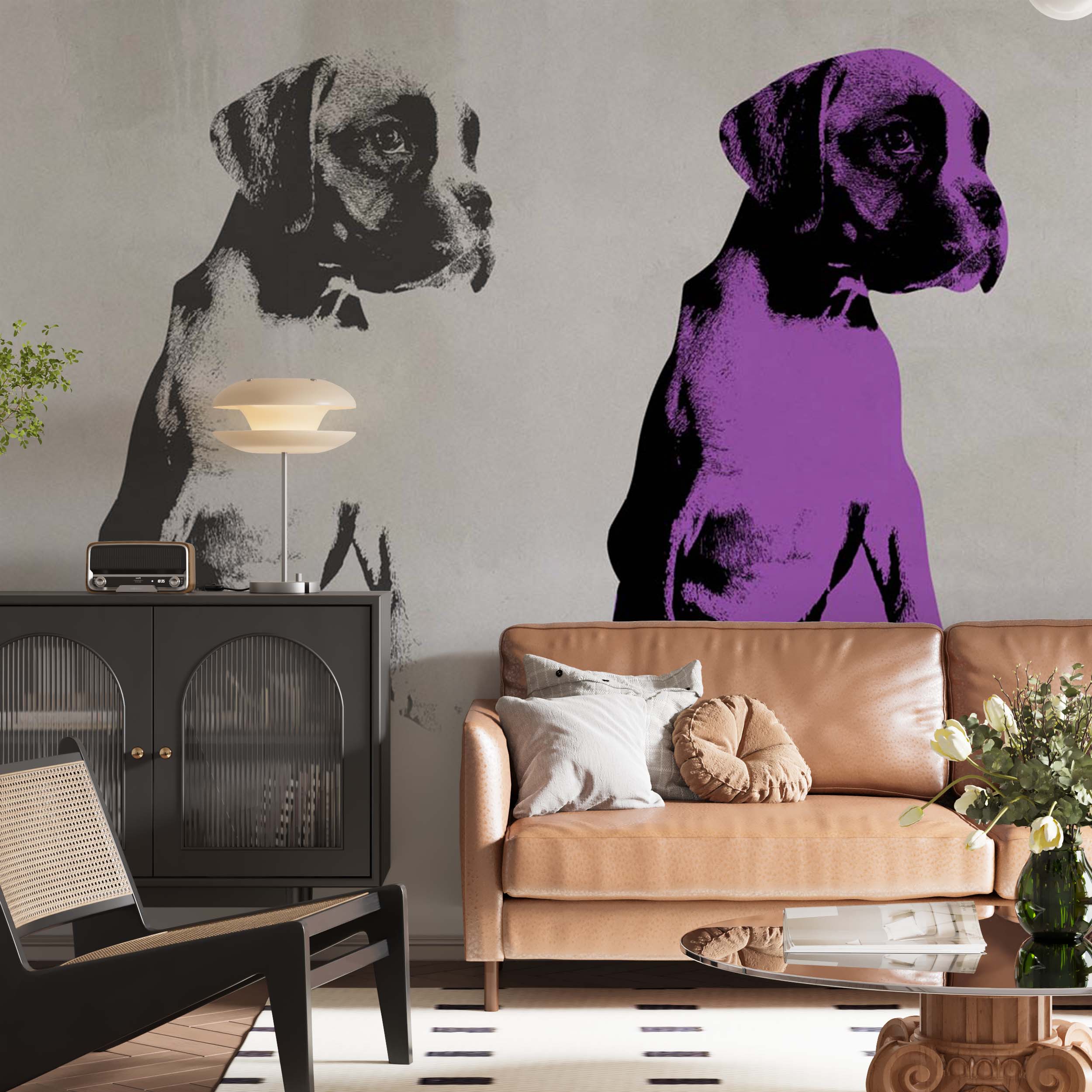 Black and White Violet Boxer Puppy Wall Mural Modern Art Animals Wallpaper