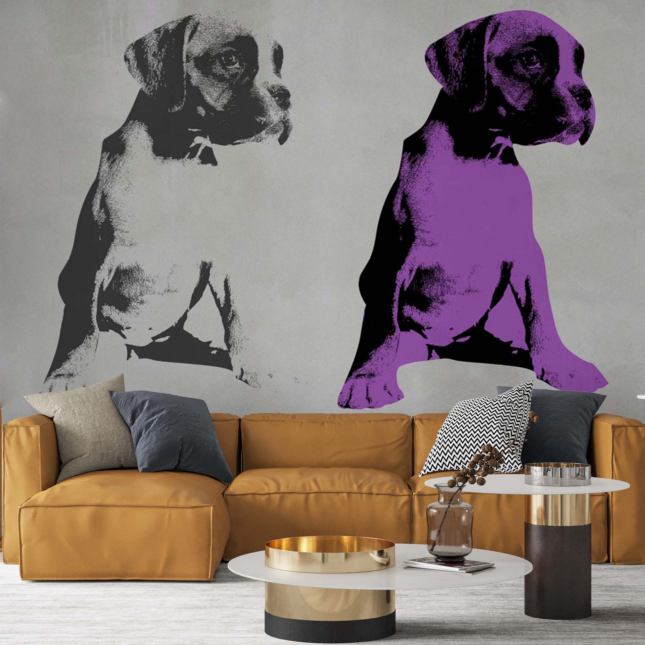 Black and White Violet Boxer Puppy Wall Mural Modern Art Animals Wallpaper