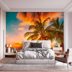 Custom Glorious Sunset Palm Beach Wall Mural Wallpaper