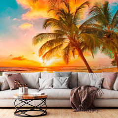 Custom Glorious Sunset Palm Beach Wall Mural Wallpaper