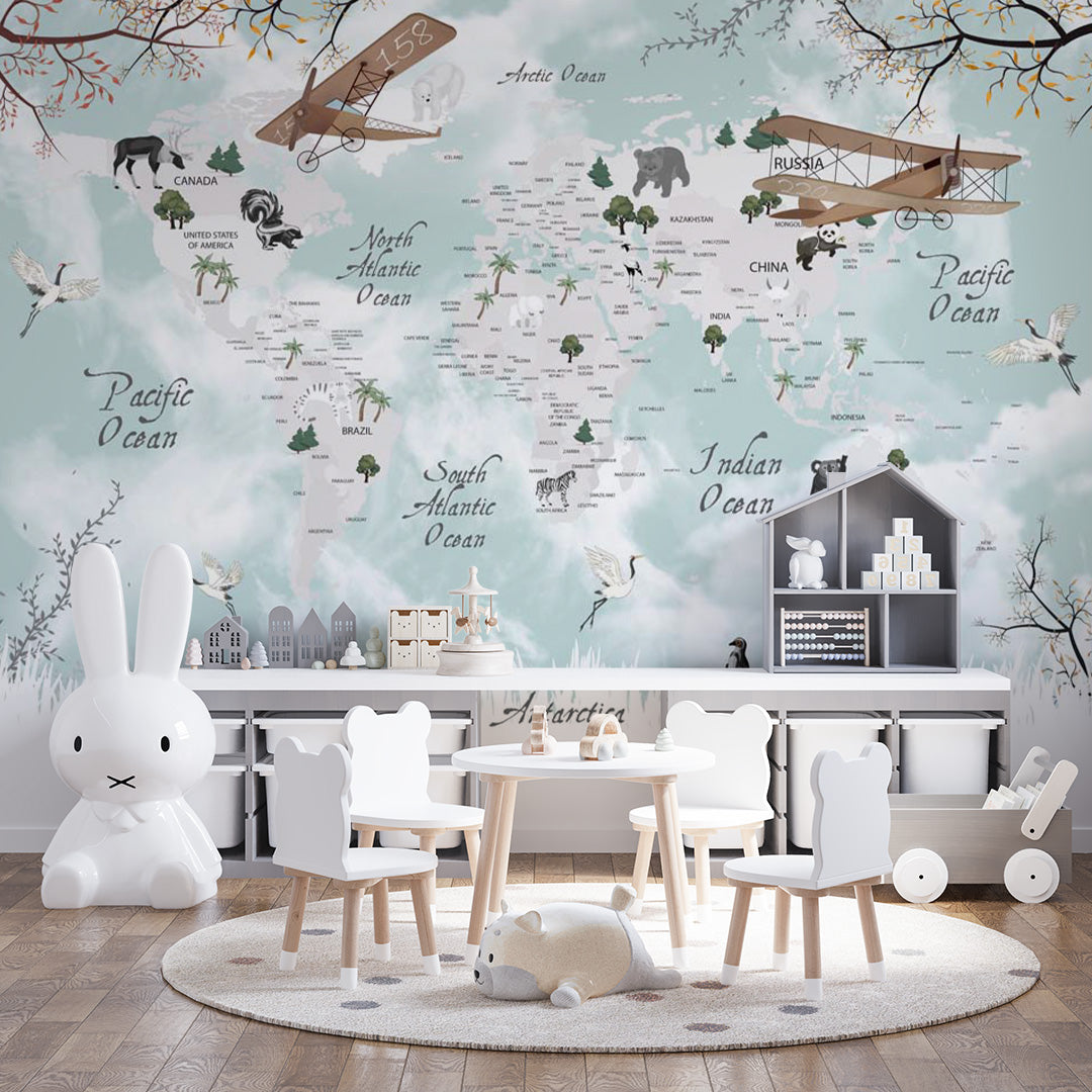 Kids World Map Floral Design Wall Mural Decals Posters for Girls Boys Baby Wallpaper for Kids