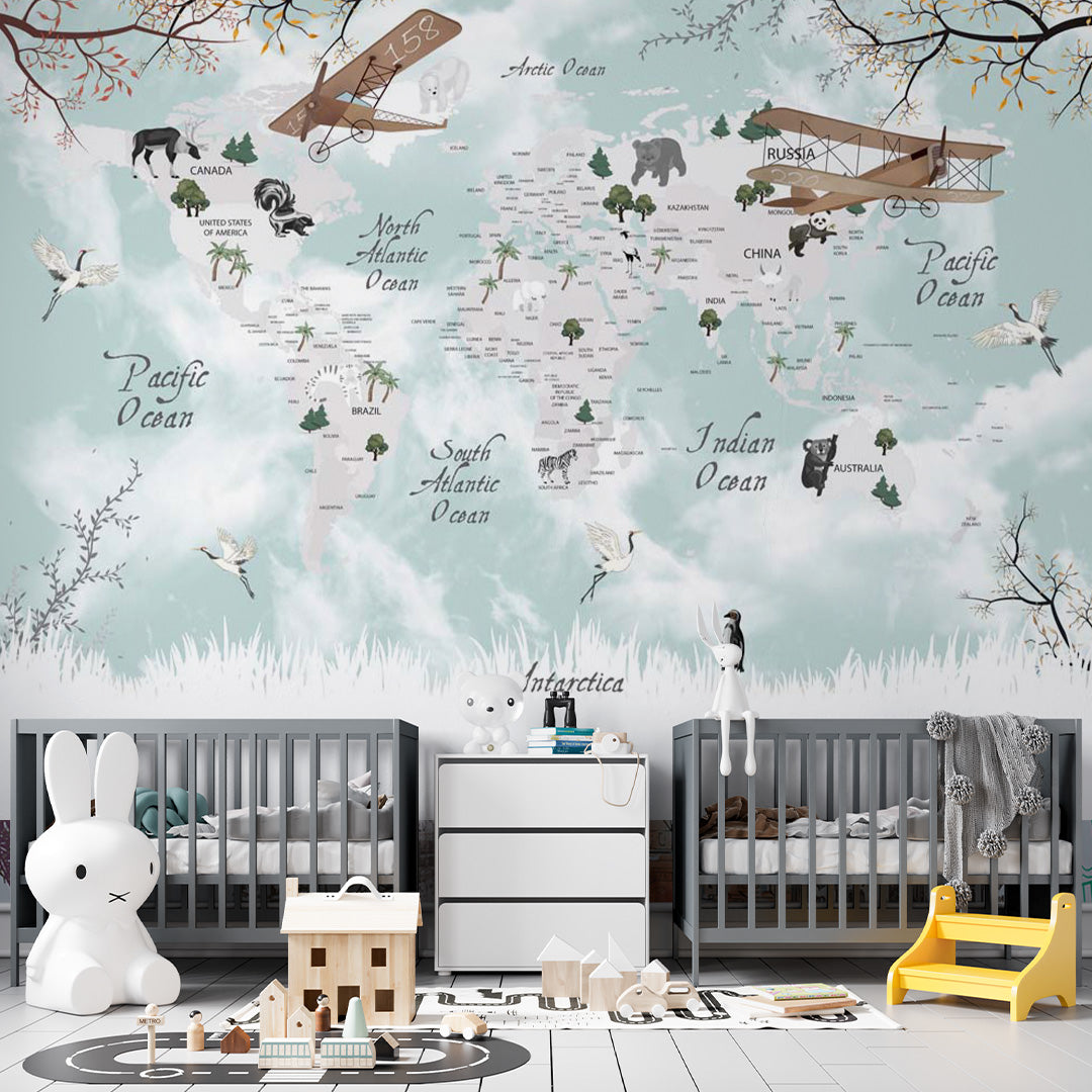 Kids World Map Floral Design Wall Mural Decals Posters for Girls Boys Baby Wallpaper for Kids