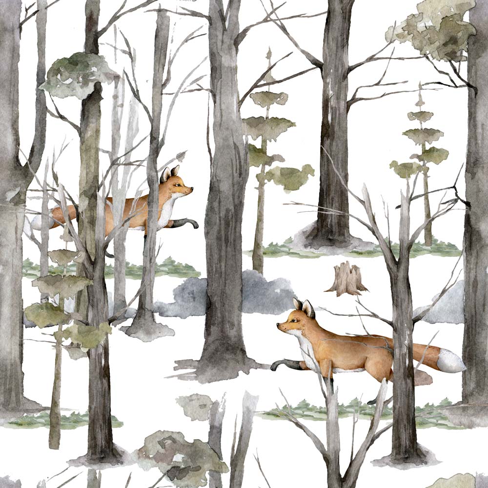 Kids Wall Mural Watercolour Winter Forest Fox Timeless Nature Inspired Nursery Wallpaper