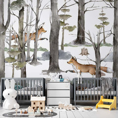 Custom Kids Wall Mural Watercolour Winter Forest Fox Timeless Nature Inspired Nursery Wallpaper