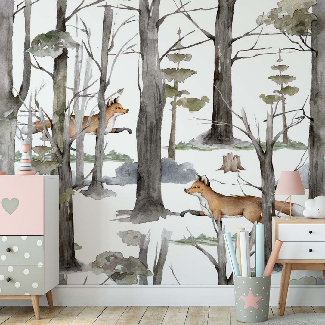 Kids Wall Mural Watercolour Winter Forest Fox Timeless Nature Inspired Nursery Wallpaper