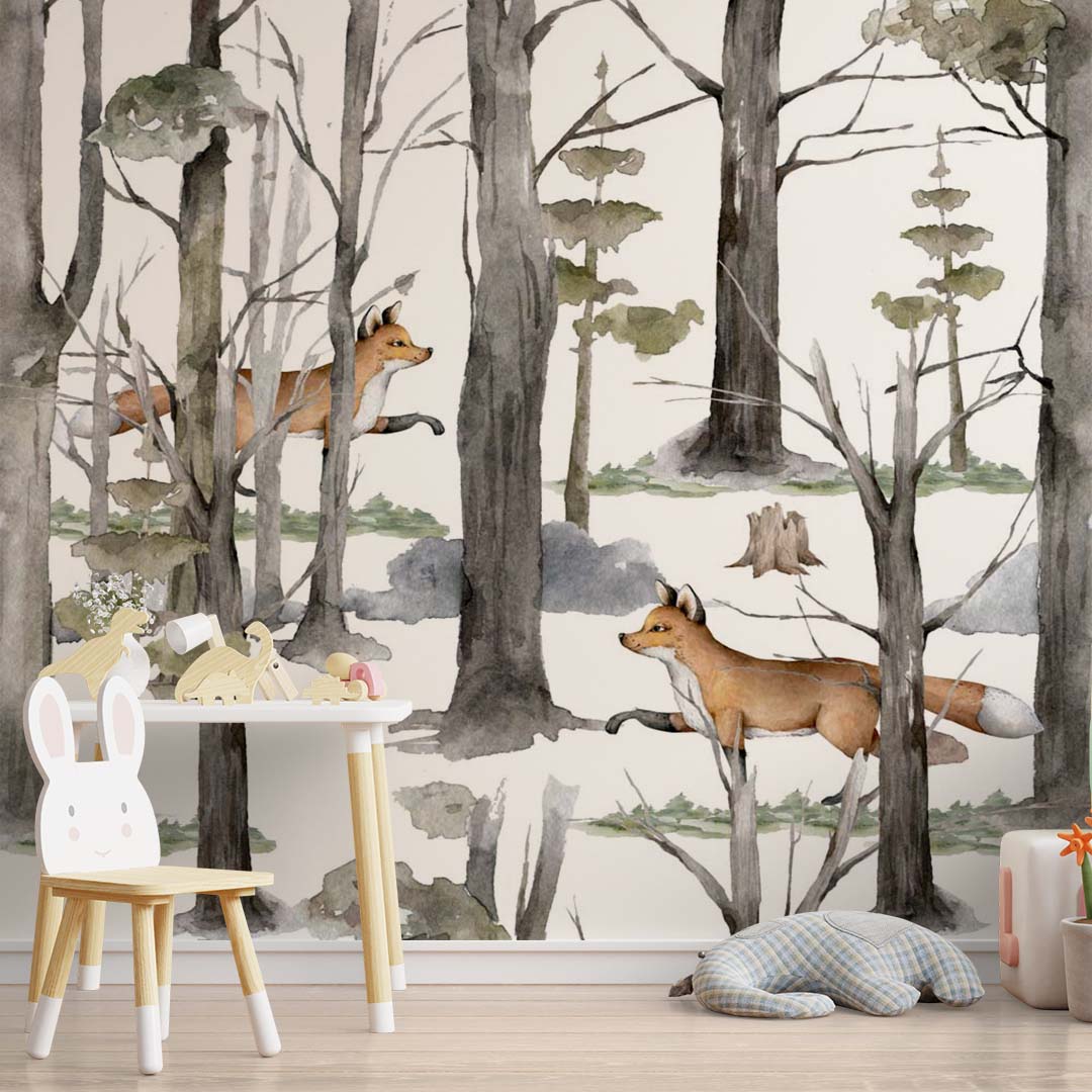 Kids Wall Mural Watercolour Winter Forest Fox Timeless Nature Inspired Nursery Wallpaper