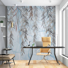 Custom Graceful Hanging Willow Leaves on Soft Blue Background Wall Mural - Serene Nature Wallpaper