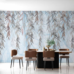 Custom Graceful Hanging Willow Leaves on Soft Blue Background Wall Mural - Serene Nature Wallpaper