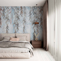 Custom Graceful Hanging Willow Leaves on Soft Blue Background Wall Mural - Serene Nature Wallpaper