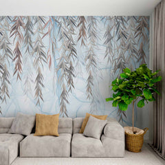 Custom Graceful Hanging Willow Leaves on Soft Blue Background Wall Mural - Serene Nature Wallpaper