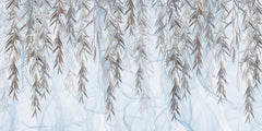 Custom Graceful Hanging Willow Leaves on Soft Blue Background Wall Mural - Serene Nature Wallpaper