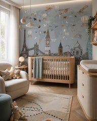 World landmarks, animals & vintage airplanes map mural in a modern nursery with a crib.