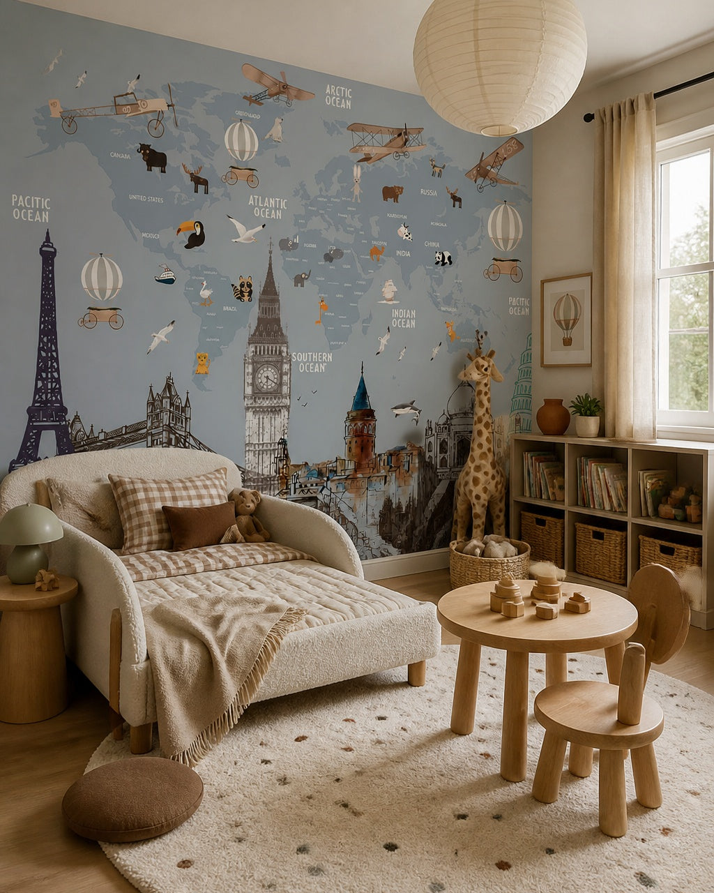 World landmarks, animals & vintage airplanes map mural in a toddler bedroom with a child-sized bed.