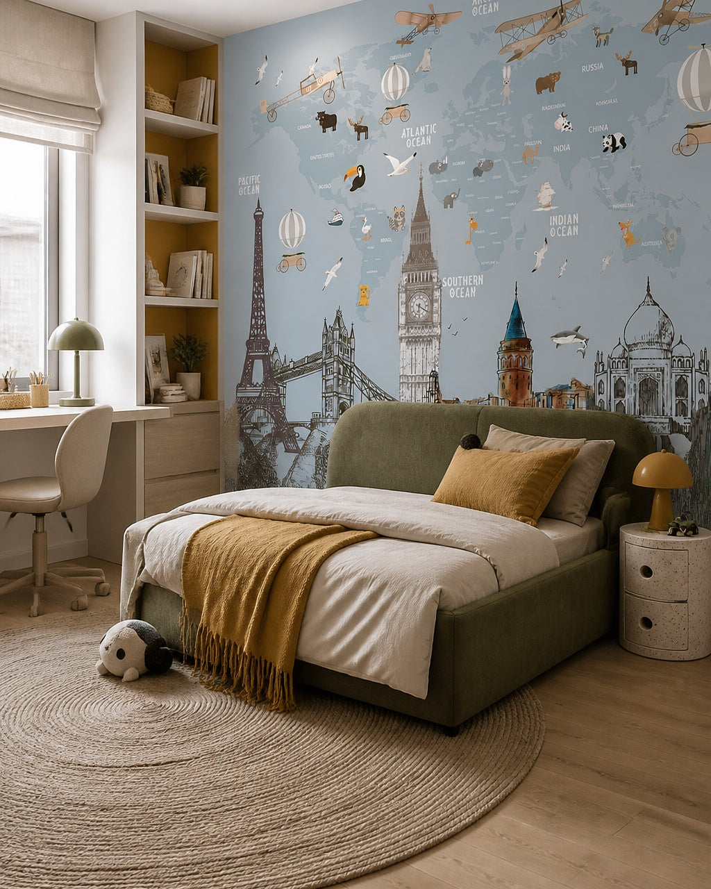 World landmarks, animals & vintage airplanes map mural in a boy’s bedroom.