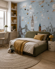 World landmarks, animals & vintage airplanes map mural in a boy’s bedroom.