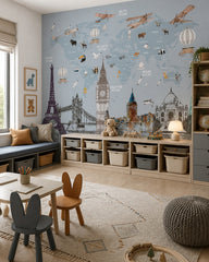 World landmarks, animals & vintage airplanes map mural in a children’s playroom.