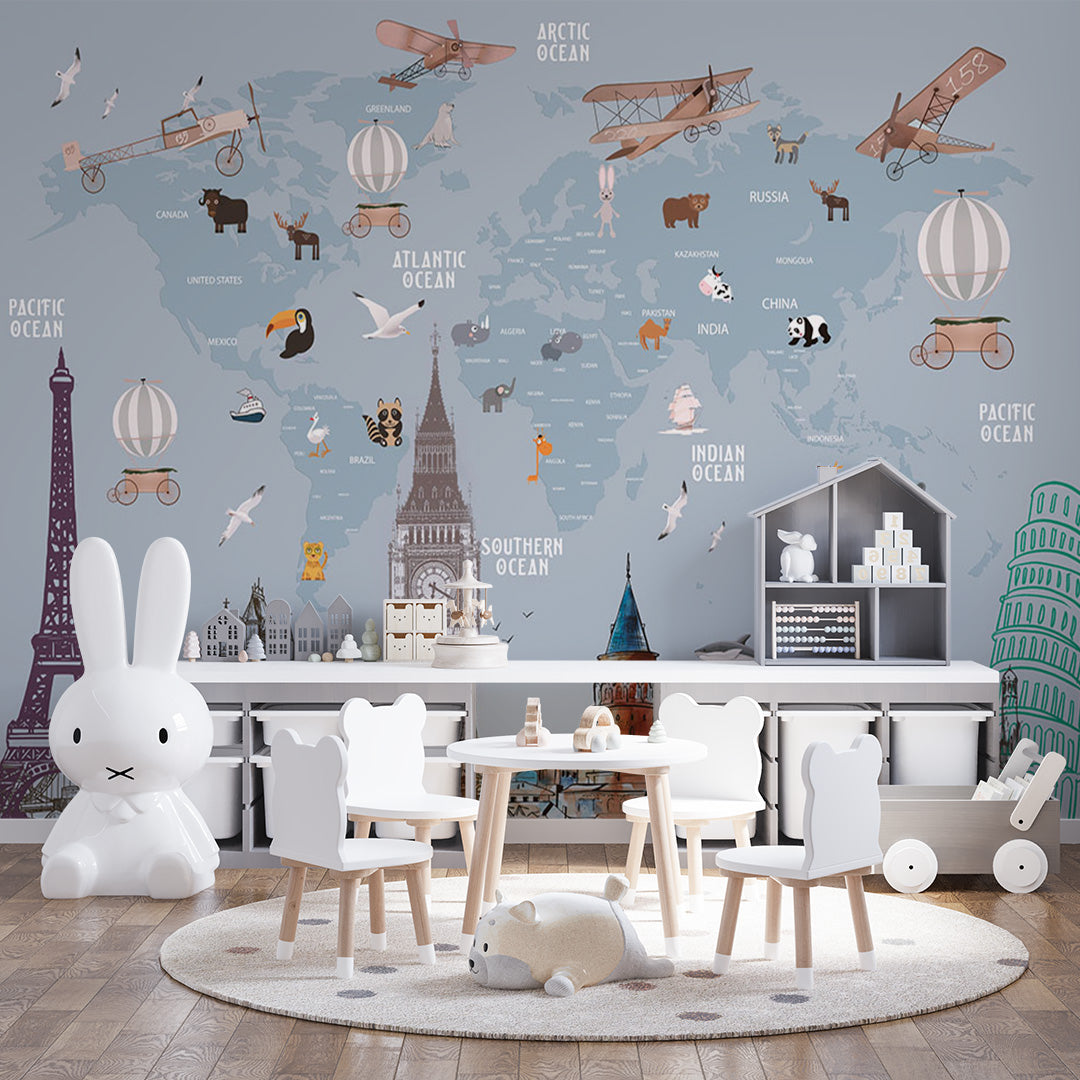 Kids World Map Capitals Wall Mural Decals Posters for Girls Boys Baby Wallpaper for Kids