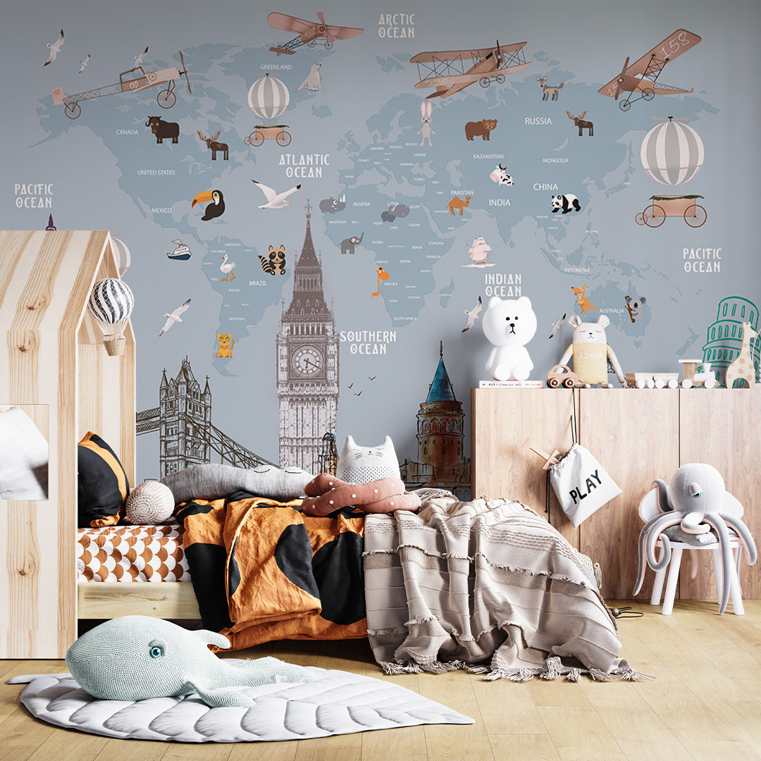 Kids World Map Capitals Wall Mural Decals Posters for Girls Boys Baby Wallpaper for Kids