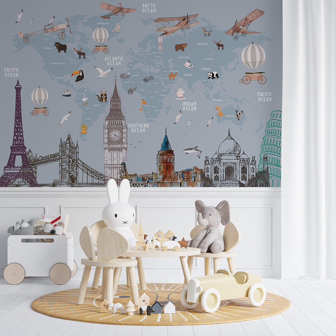 Kids World Map Capitals Wall Mural Decals Posters for Girls Boys Baby Wallpaper for Kids