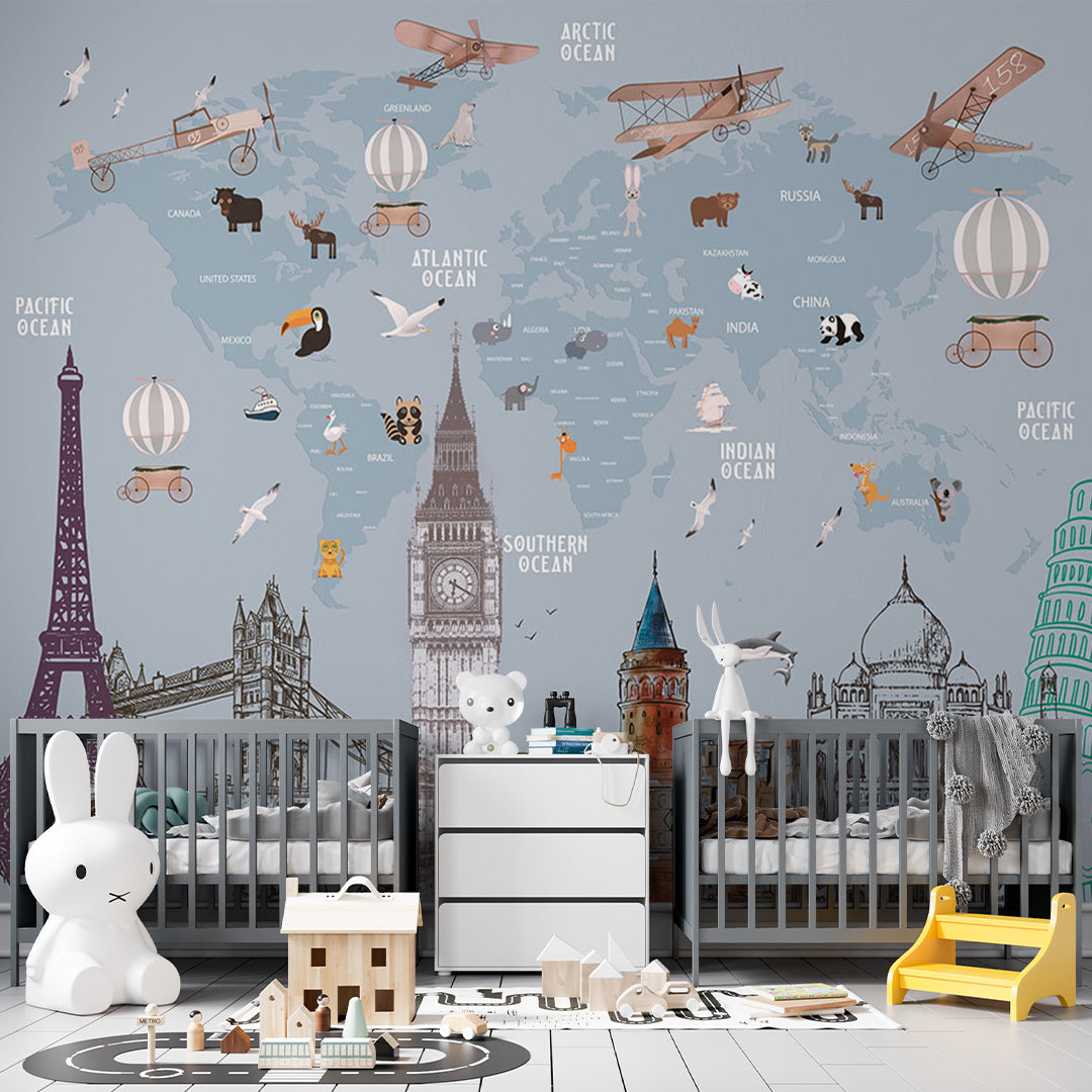 Kids World Map Capitals Wall Mural Decals Posters for Girls Boys Baby Wallpaper for Kids