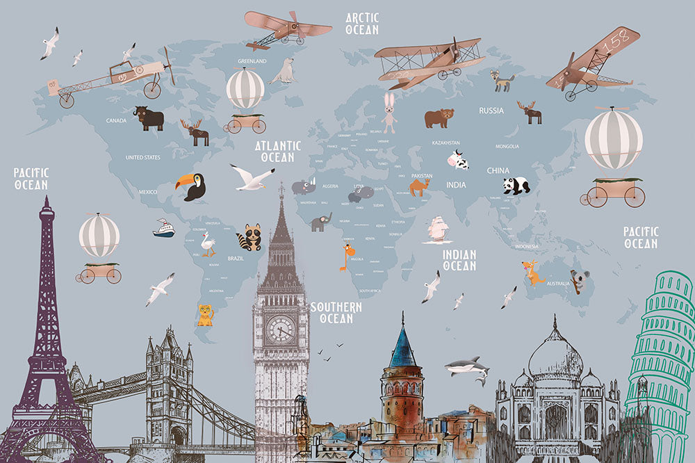 Papier peint panoramique carte du monde monuments, animaux et avions vintage